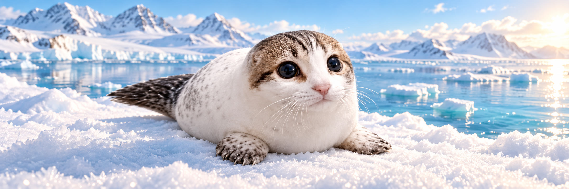 Seal Cat lying on the snow in front of a frozen bay