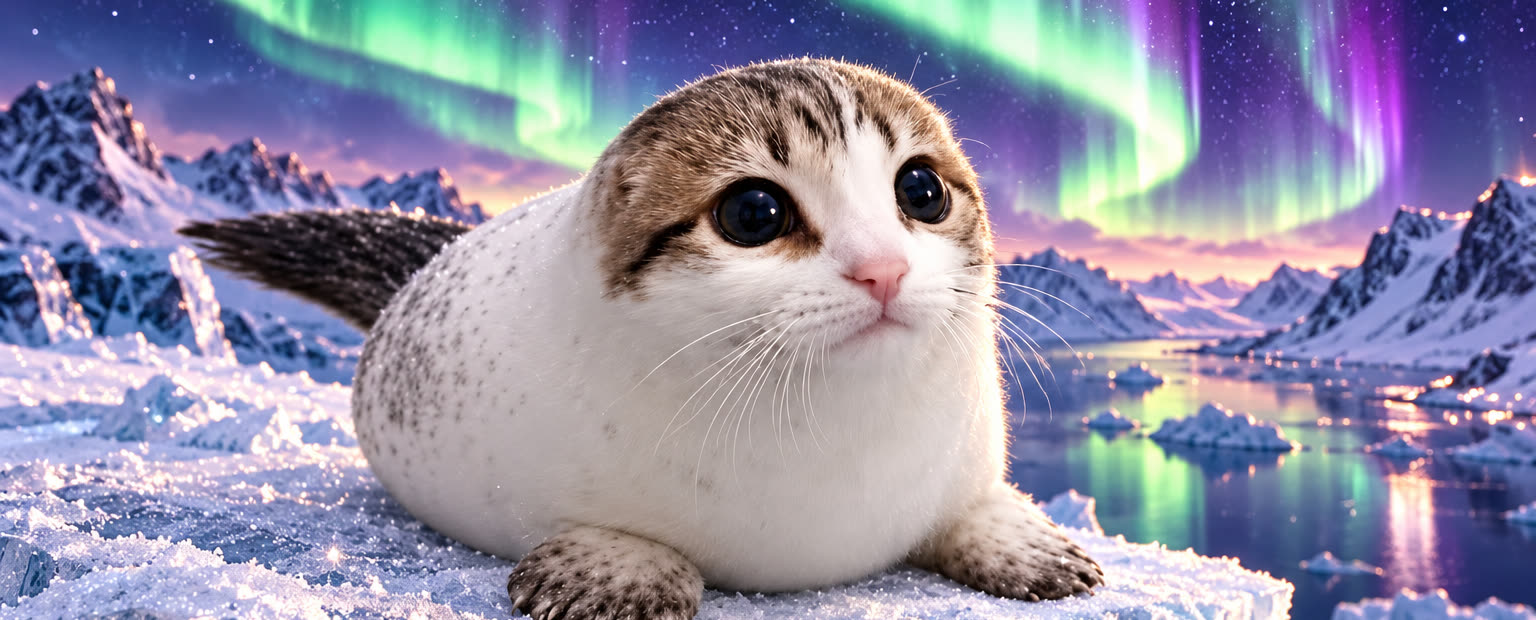 Seal Cat on an ice block under a green and violet aurora